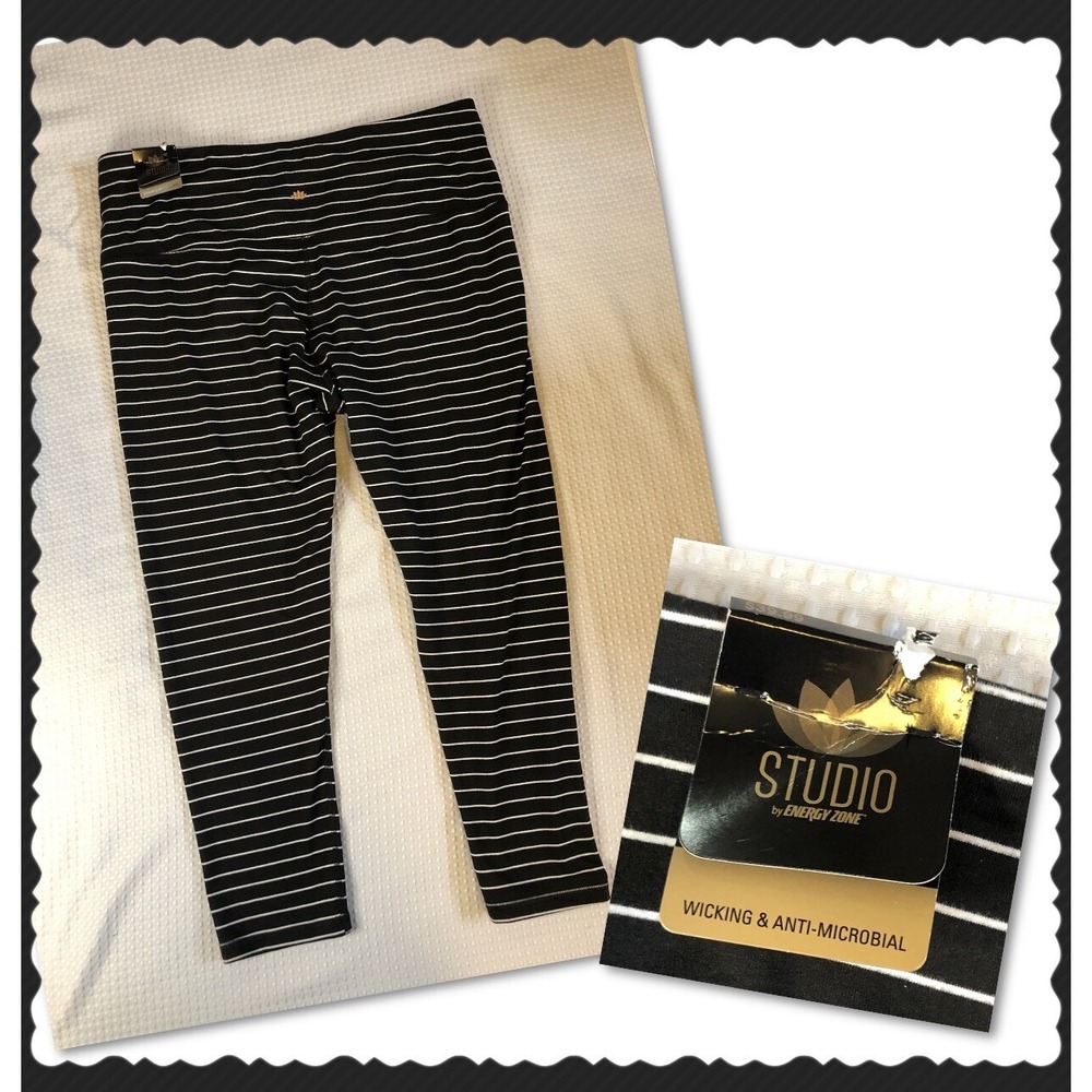 Studio Energy Zone NEW Women's XL Leggings Black Striped Wicking Anti-microbial